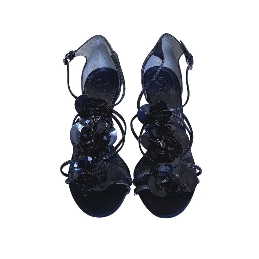 Tory Burch Womens Floral Statement Stiletto‎ Sandal Heels 6.5M Black Formal